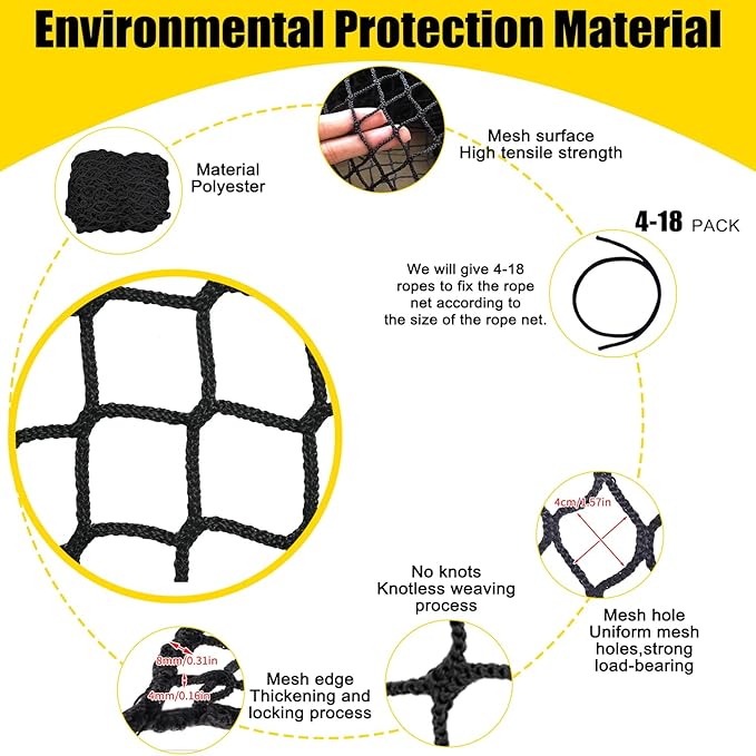 Climbing Cargo Net for Kids Outdoor Balcony & Playground Safety Rope Netting - Knotless Polyester Sports Netting