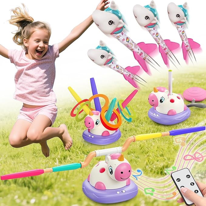 3-in-1 Outdoor Toys for Kids Ages 3-8, Unicorn Rocket Launcher, Ring Toss & Musical Jump - Backyard Indoor Active Play Set for Boys Girls, STEM Learning Toys Birthday Gift for 3 4 5 6 7 8 Years Old