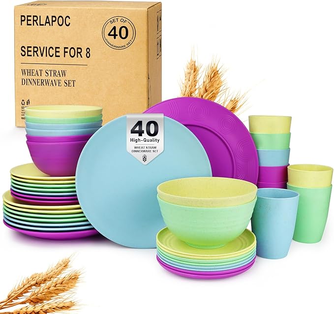 Kitchen Wheat Straw Dinnerware Set | Service for 8 | Unbreakable Dinnerware Set Plates and Bowls Sets Dinner Plates Dessert Plate Drinking Glasses Cereal Bowls Kitchen Dishes Sets - Memphis