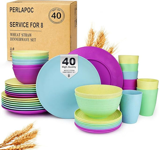 Kitchen Wheat Straw Dinnerware Set | Service for 8 | Unbreakable Dinnerware Set Plates and Bowls Sets Dinner Plates Dessert Plate Drinking Glasses Cereal Bowls Kitchen Dishes Sets - Memphis