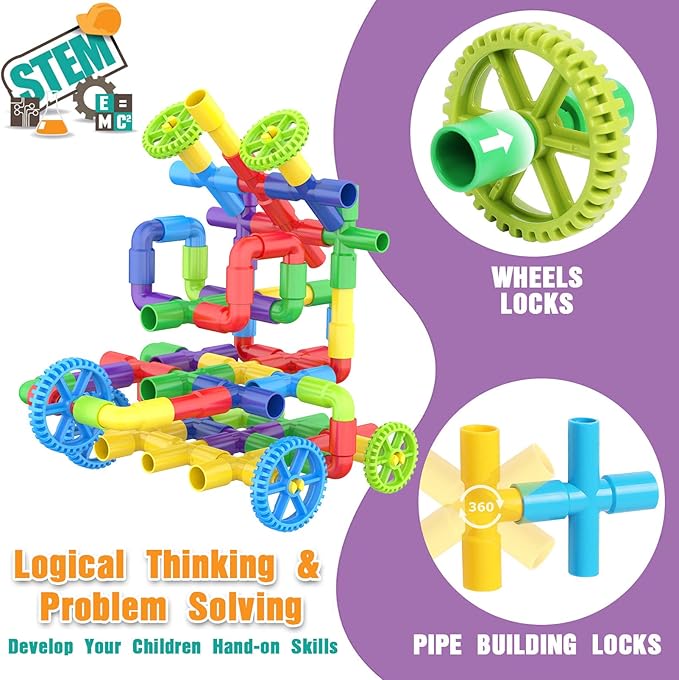 WishaLife 250 Pieces STEM Building Blocks Set, Kids Tube Locks Construction Set with Storage Box, Preschool Educational Learning Pipe Toy Gift for Toddler Aged 3+