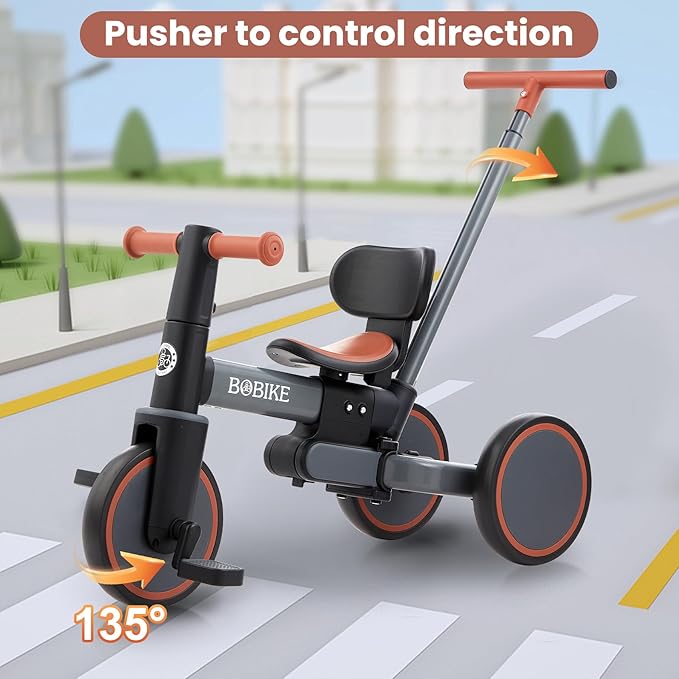 5-in-1 Tricycle for Toddlers 18 Months to 5 Years Old, Toddler Bike, Kids Tricycle with Push Handle and Backrest, Toddler Balance Bike with Easy Assembly for Boys and Girls. (Grey)