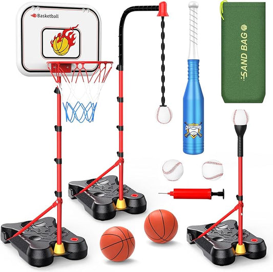 4 in 1 Kids Basketball Hoop and T Ball Set for Toddlers 3-5, Adjustable Height Toddler Basketball Hoop with Baseball, Indoor Outdoor Sport Gifts Christmas Toys for Boys Girls 3-8