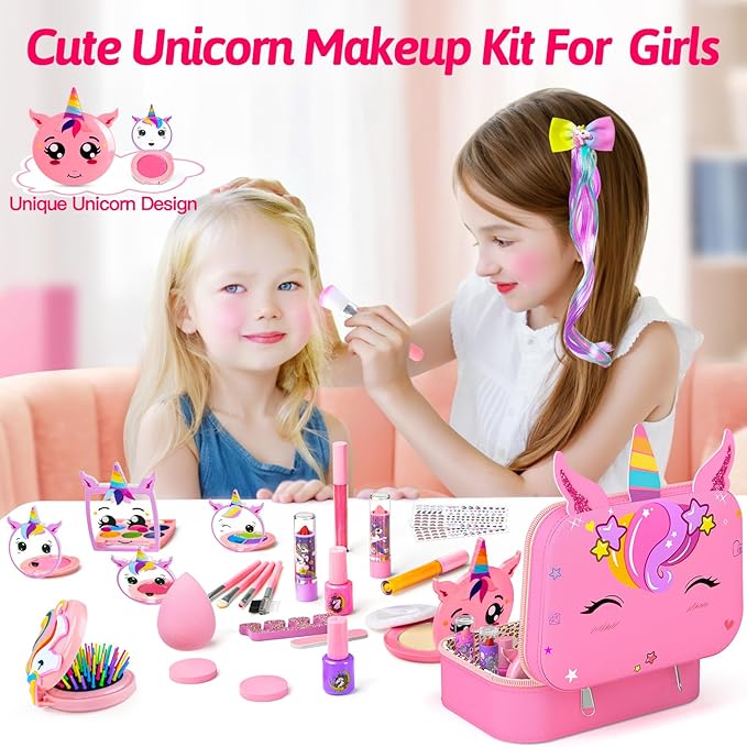 Little Girls Makeup Kit, Pretend Make Up for Kids, Princess Play Makeup Set, Toddler Toy Real Washable Cosmetic Set & Nail Kit Birthday Gift for Ages 3 4 5 6 7 8 9 10-12 Year Old, Bright Pink