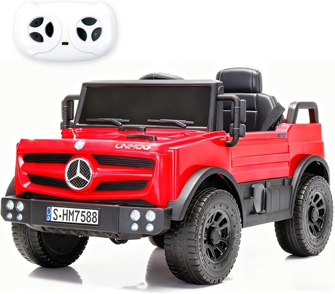 12V Ride on Car for Kids, Licensed Mercedes-Benz Unimog Truck w/Parent Remote Control, LED Headlights, Music Player & Horn for 3-6 Years Toddler, Red