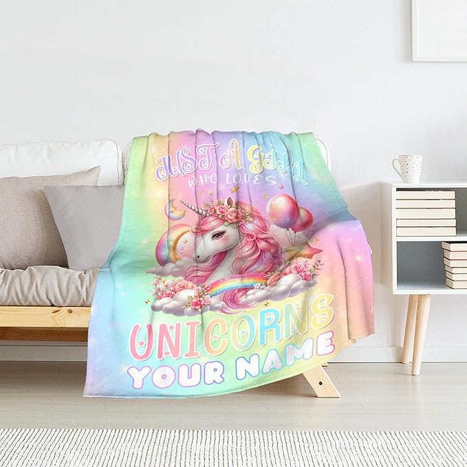 Custom Unicorn Blanket Gifts, 50 x 60 Inches Soft Lightweight Blankets for Girls - Pink Cute Throw Blanket for Bed, Sofa