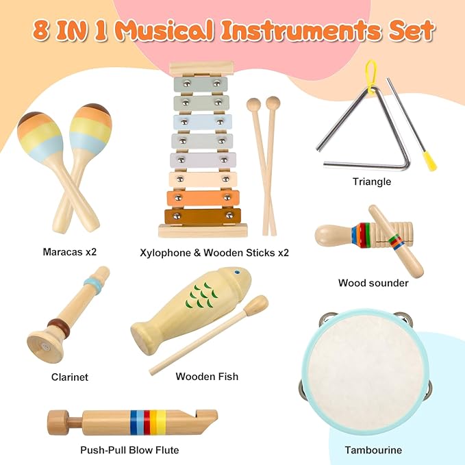 Baby Musical Instruments-Montessori Wooden Toys for Toddlers 3+ Neutral Colors Percussion Instruments Set with Modern Boho Xylophone for Kids Preschool Educational, Comes with Storage Bag