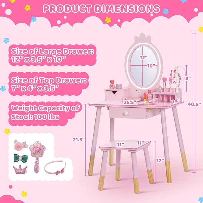 Kids Vanity Set with Lighted Mirror, Princess Make Up Dressing Table and Stool Set w/Jewelry Storage Rack & Make Up Brush Holder, Wooden Children Vanity Table Pretend Playset for Girls