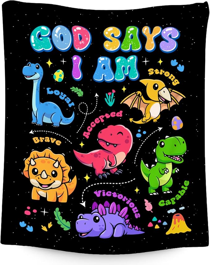 Dinosaur Blanket for Boys, Dinosaur Gifts for Dinosaur Lovers Toddler Child, God Says I Am Blanket for Kids, Inspirational Gifts for Son, Soft Plush Kids Throw Blankets for Couch Office, 40"x50"
