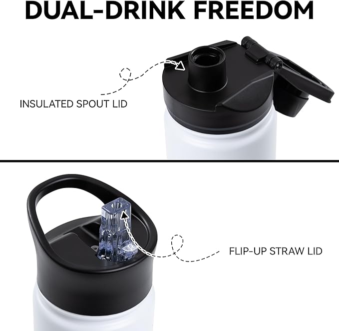 16 oz Insulated Water Bottle for School, Straw & Spout Lid, Keep Cold 24H, Spill Proof, BPA-Free, Double Wall Stainless Steel Kids Water Bottles for Sports, Gym, Travel, White