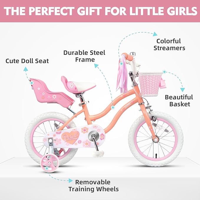 Glerc Petal Girls Bike, 12-18 Inch Kids Bike for Ages 2-9 Years Old Children, Princess Style Kids Bicycle with Training Wheels & Basket & Streamers, Multiple Colors