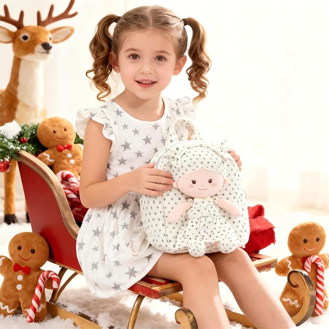 Onetoo Toddler Backpack for Girls 9” – Soft Plush Baby Doll Backpack, Cute Star Dress Stuffed Toy Bag, Perfect Birthday Christmas Gift for Kids, Preschool, Travel & Back to School