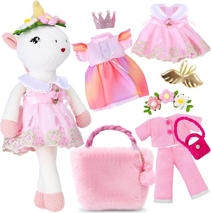 Unicorns Toys for Girls Age 3-10, Ballerina Stuffed Animal Girl Toys with 3 Set Clothes & Plush Storage Bag, Dress up Doll Birthday Gift for Toddles Girls Stocking Stuffers