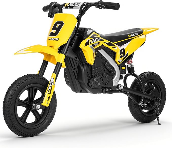 24V Electric Dirt Bike for Kids, 250W Electric Motorcycle Up to 11 MPH & 10 Miles Long-Range, Twist-Grip Throttle, 12" Knobby Tires, Spring Suspension, Music, Yellow (Without Cover)