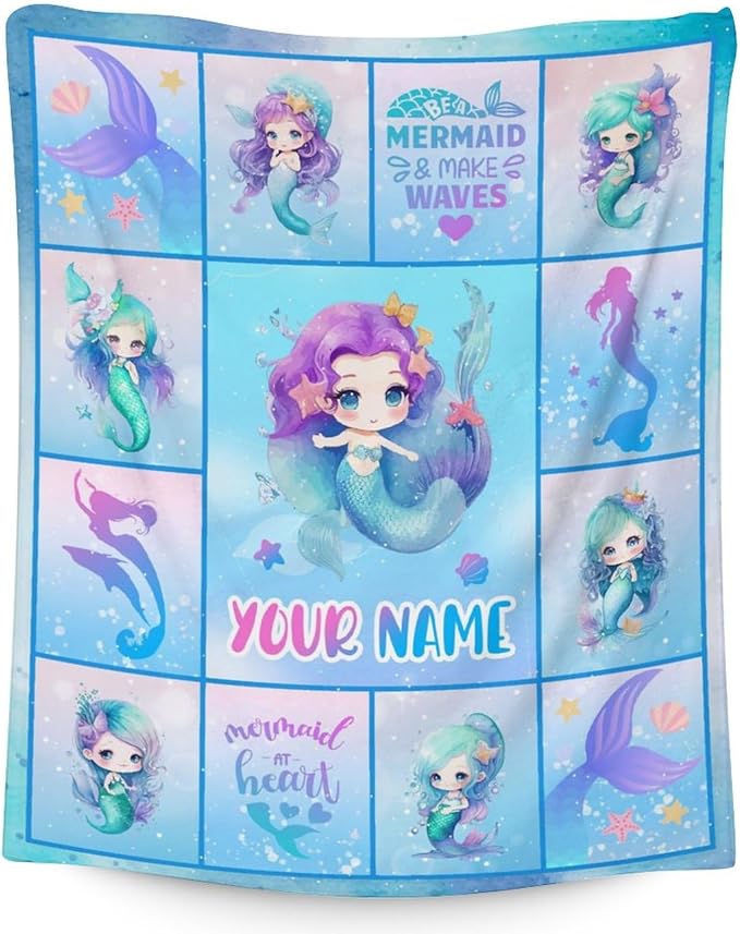 Personalized Mermaid Blanket with Name - Soft, Fuzzy & Warm - 30"x40" Small Blanket for Couch, Office - Blue Cute Throw Gifts for Girls