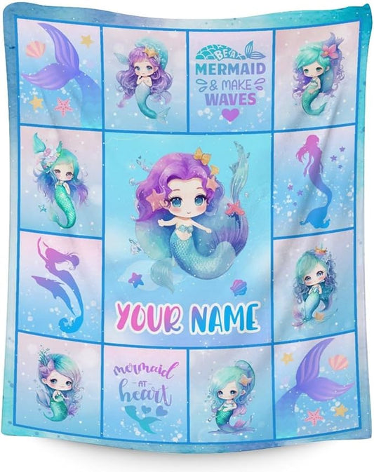 Personalized Mermaid Blanket with Name - Soft, Fuzzy & Warm - 30"x40" Small Blanket for Couch, Office - Blue Cute Throw Gifts for Girls