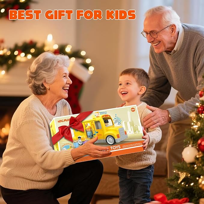 Nicmore School Bus for Toddlers: Musical Toy With Lights, Sounds & 5 Figures for Ages 1-4 | 1st 2nd Birthday Gifts for Kids 18 Months+