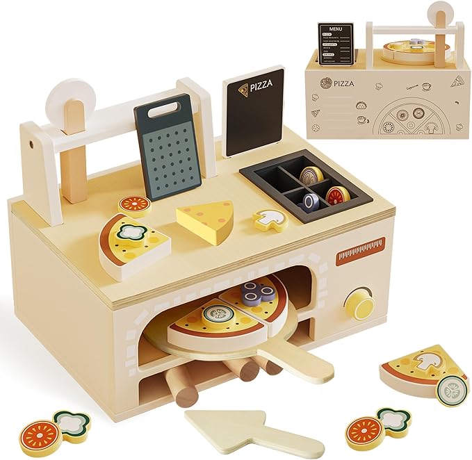Wooden Pizza Toy Playset for Kids Ages 3–5, Montessori Pretend Play Food & Wooden Kitchen Playset with Easy Bake Oven, Slice & Serve Pizza Maker Toy, Educational Cooking Gift for Boys and Girls