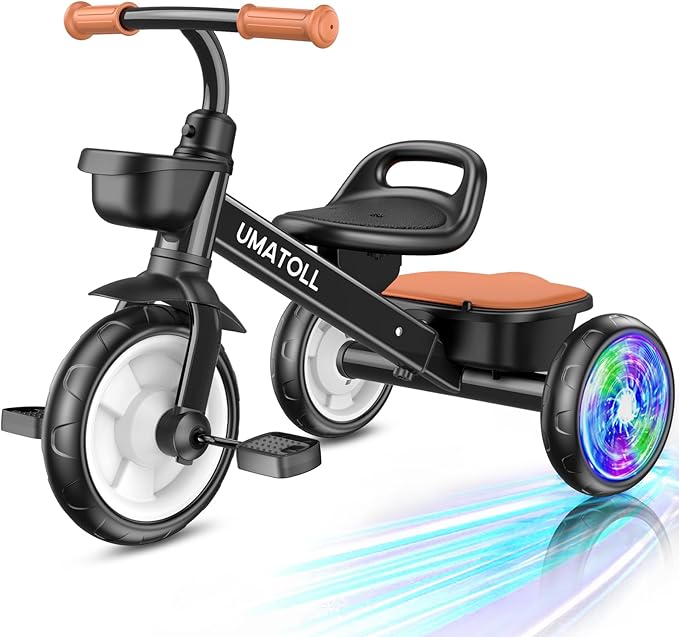 Umatoll Tricycle for Toddlers 2-5 Year Old, Ajustable Toddler Bike Outdoor Toys, Birthday Gift for Boy Age 2-4, Trike with Light up Wheels