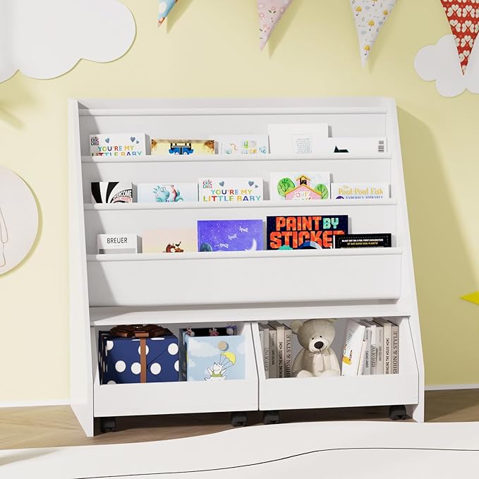 Kids Bookshelf with Two Movable Drawers Toddler Bookcase with Toy Storage Organizer Child Sling Book Rack Baby Cabinet Chest with Wheels for Nursery,Playroom,Bedroom,Living Room,Classroom