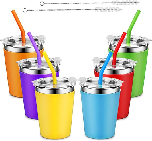 Kids Stainless Steel Cups with Silicone Straws and Lids, Spill Proof Metal Tumblers for Adults, Unbreakable Toddle Cups with Full Wrapped Anti-Scald Sleeves for Hot and Cold Drinks.6Pack.12oz