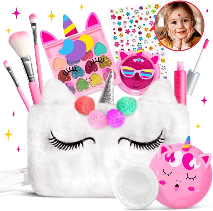 ULOVEME Kids Real Makeup Kit for Little Girls - Real, Non Toxic, Washable Make Up Toy - Umicorn Toys Gift for 3 4 5 6 7 8 9 10 12 Years Old Girls Birthday (White Umicorn)