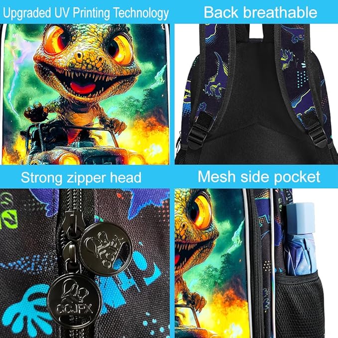 16" Dinosaur Backpack for Boy, 3Pcs Truck Bookbag with Lunch Box, Kids School Backpacks for Elementary Preschool Kindergarten (Black)