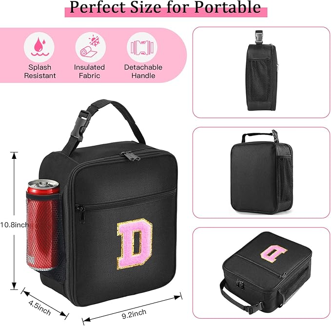 Initial Insulated Lunch Bag, Lunch Box with Initial Letter Patch for Teen Adult, Reusable Lunch Bag for Men Women, Ideal Back to School Gift Birthday Gift, Pink D