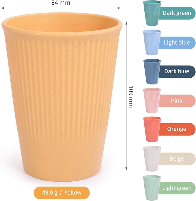 Wheat Straw Cups, Unbreakable Drinking Cup Dishwasher Safe Water Glasses with 8 Colors for Drinking Water, Juice,Milk, Soda, Coffee,Easy to Clean & Reusable (8 Pcs)