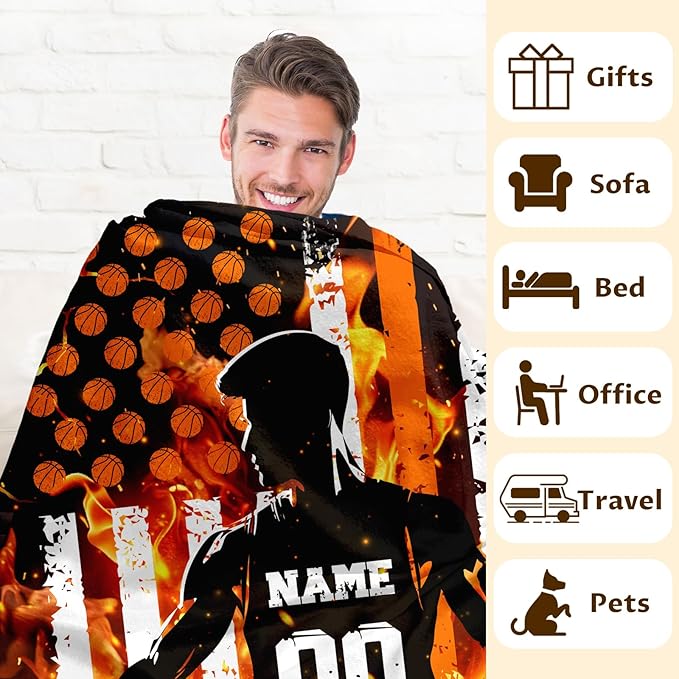 Personalized Basketball Throw Blanket Gifts with Name for Boys, Sport Blanket for Kids Teens Adults Basketball Lovers, Custom 60x50 Inches Soft Blankets for Sofa Couch Bed