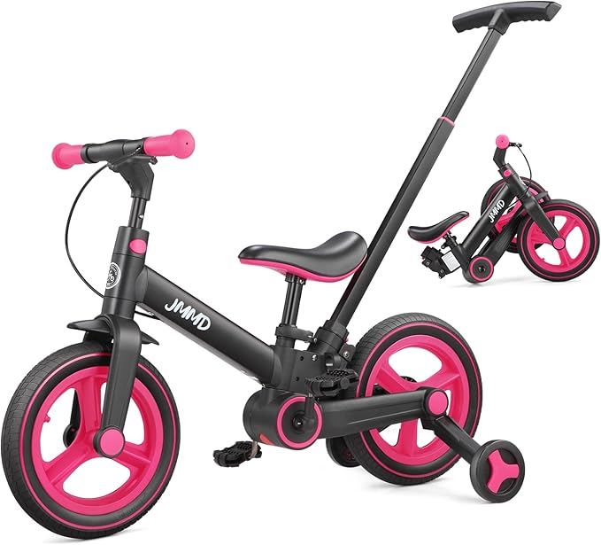JMMD Toddler Bike with Push Handle for Kids 18-60 Months, 6 in 1 Foldable Push Bike with Training Wheels, Pedals, Brakes, Kickstand, Kid Balance Bike Gift & Toys for Boy & Girl