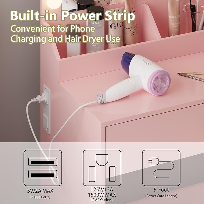 Small Vanity Desk with Mirror and Lights, Makeup Vanity Desk with Adjustable Brightness 3 Light Modes, RGB Storage Cabinet, Power Outlet, Drawer, Shelves (Rose Blush)