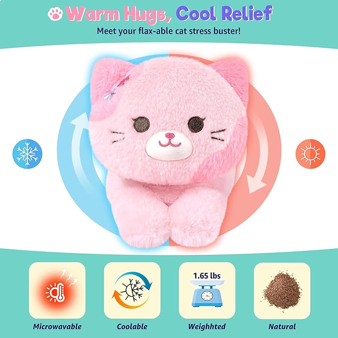 Onsoyours Original Heatable & Weighted Sakura Cat Stuffed Animals, 15" Microwavable Kitten Plushie for Warmth & Stress Relief - Comfort Plush Toys for Kids and Adults