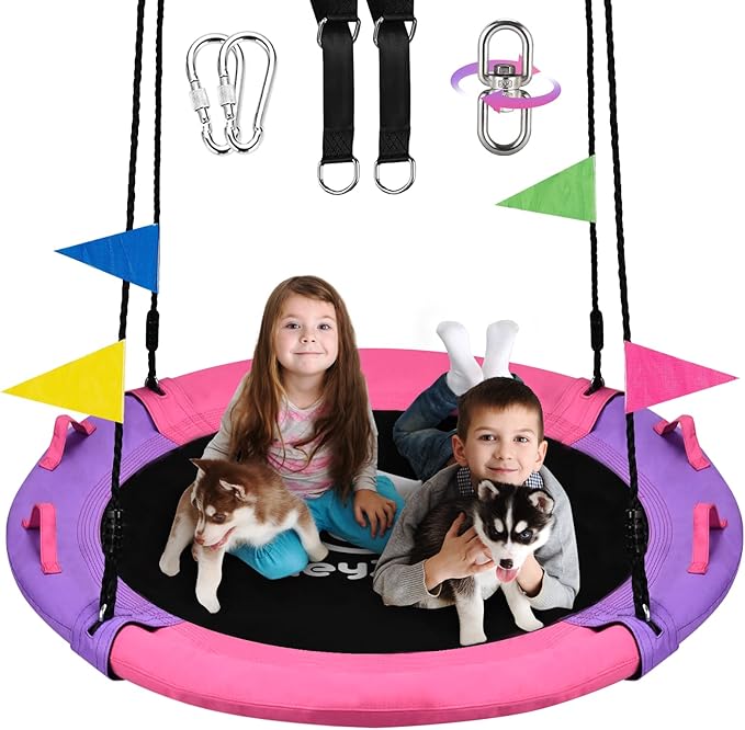Tree Swing, 43 Inch Saucer Swing Sets for Kids, Come with 360 Degree Swivel and Adjustable Hanging Strap, Pink and Purple