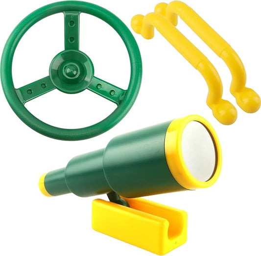 Playground Accessories Swingset Plastic Pirate Ship Steering Wheel Safety Handles Telescope for Kids Outdoor Playground Treehouse Jungle Gym Accessories (4 Pcs- Green,Yellow Set)