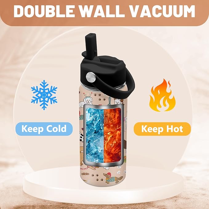 Dog Lovers Gifts, 16 oz Water Bottle with Straw Lid, Stainless Steel Insulated Tumbler, Cute Puppy Water Bottles, Dogs Cup Gifts