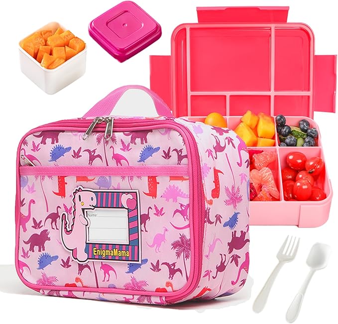 Kids Lunch Bag Set for Girl Dinosaur Lunch Bag with Name Tag & 6-Compartment Lunch Bento Box Insulated Lunch Tote (Pink bag+box
