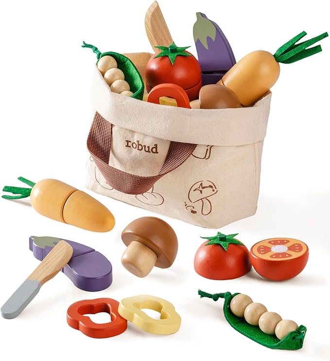 ROBUD Wooden Toy Food Set, Cutting Play Food for Kids Kitchen Accessories Pretend Toy Food Playset with Storage Bag, Toys Gifts for Girls Boys Age 3+, Vegetable Set