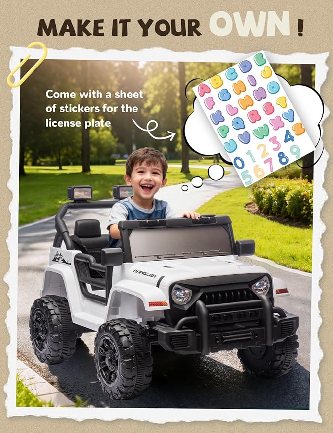 Ride on Car, 12V Kids' Electric Vehicles W/Parents Control, Ride on Toys for Toddlers with Music, Four-Wheels Suspension, USB, Headlights, White