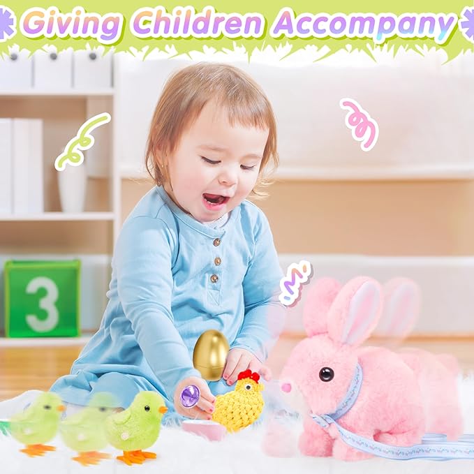 Tagitary Plush Toys Walking Bunny for Kids,Easter Stuffed Bunny with Sounds,Interactive Toys with Leash,Golden Egg,Wind Up Toy, Can Hop,Wiggle Ears,Twitch Nose,Ideal Easter Gifts for Toddlers