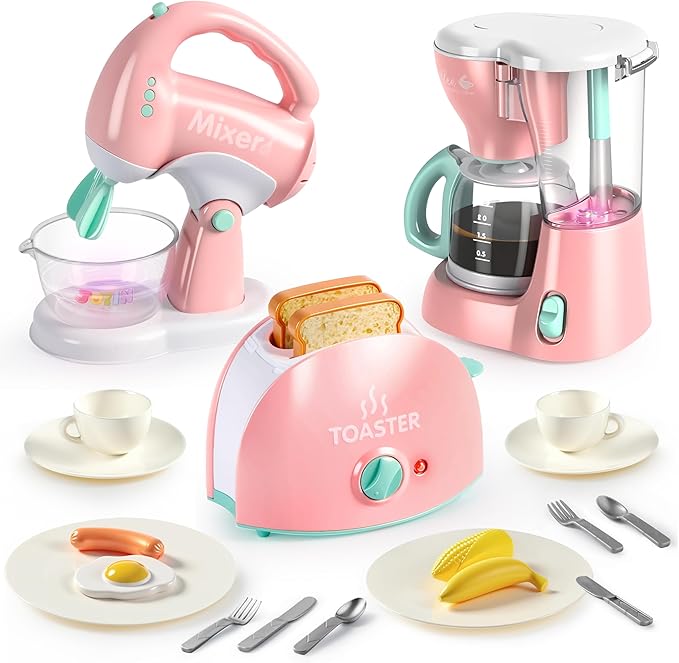 Joyin Play Kitchen Toys, Pretend and Play Food Kitchen Accessories Girls Toy with Coffee Maker, Mixer, Toaster with Realistic Lights& Sounds, Birthday Gift for Kids Gifts for Christmas