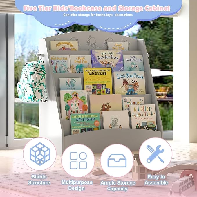 5-Tier Kids Bookshelf Montessori Toddler Book Rack Baby Bookcase Floor Front Facing Magazine Display Shelf for Bedroom Playroom Nursery Classroom Kindergarten Wood (Gray)