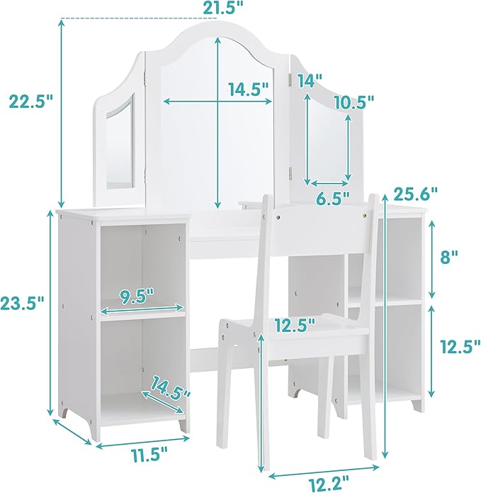 2 in 1 Kids Princess Vanity Storage Cabinet with Detachable Top, Tri-fold Mirror, Kids Vanity for Girls Age 3-9 (White with Chair)