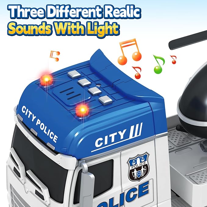 SpringFlower Toddler Boy Toys, 25" Large Police Truck Toy with Racing Car and Helicopter,3 in 1 Police Car Boy Toy, Christmas Birthday Gifts for Kids 3 4 5 6 Years Old