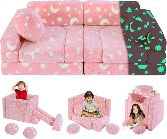 13 PCS Kids Play Couch, Modular Glowing Kids Toddler Couches, Kid Play Couch Sofa for Playroom and Bedroom (Pink)