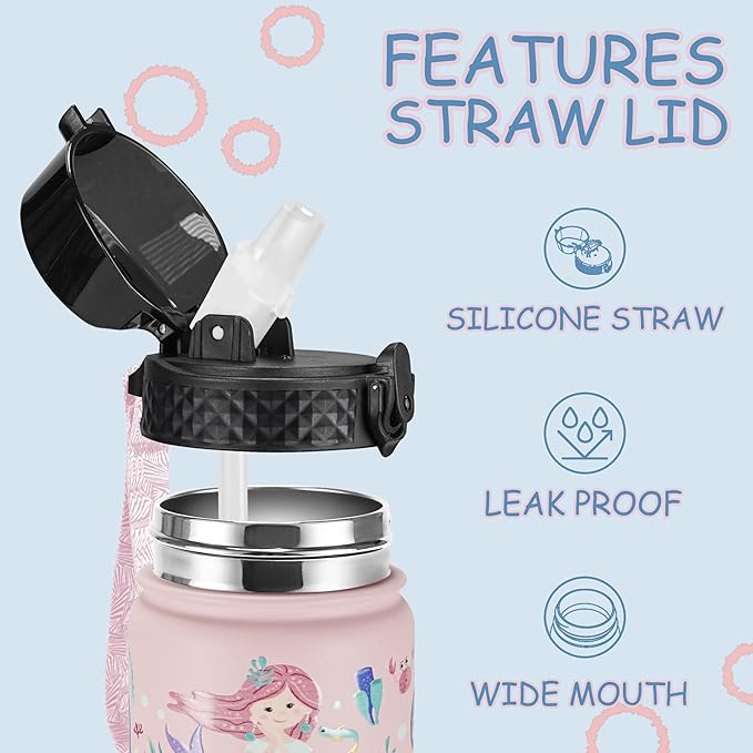 GOPPUS Kids Water Bottle (Straw Lid) - 18 Oz Stainless Steel Travel Bottle, Double Wall Vacuum Leak Proof Kids Cup for School Boys Girls,Happy Mermaids