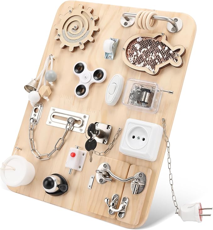 Wooden Montessori Busy Board, Montessori Sensory Activity Board Toys for Kids Toddler Baby Boys Girls, for Autism & ADHD Motor Skills