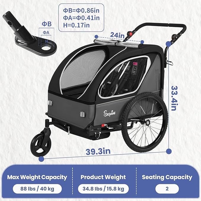 Sepnine Kids Bike Trailer, 2 in1 Canopy Carrier Converts to Pushcart Suitable for 1 to 2 Toddlers, Kids, Quick Attach to Bike, Foldable, with 5-Point Harness and Storage Bags