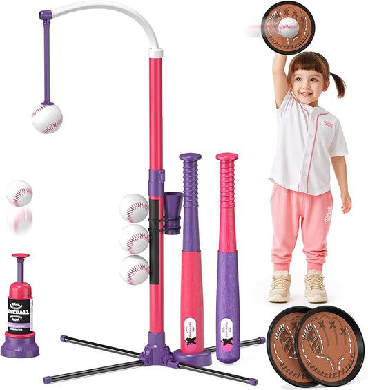 QDRAGON 4 in 1 Tball Set for Toddlers 3-5 with Toss and Catch Ball Set / 2 Bats, Hanging Tee Ball Stand with Auto Pitching Machine, Indoor Outdoor Sport Toys Games Christmas Birthday Gifts for Girls