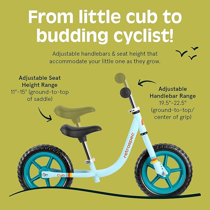 Retrospec Cub Toddler Balance Bike for Ages 18 Months - 3 Years - 12in No-Pedal Beginner Bicycle with Adjustable Seat, Puncture-Proof Tires & Safe Low Frame Design